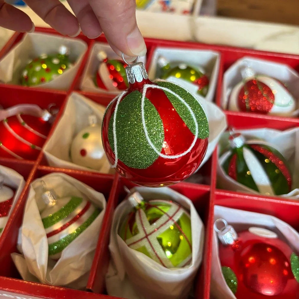 Crate and Barrel Glass Ornaments Set of 12 Red Green Glitter Handcrafted Czech
